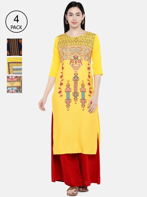 

7Threads Pack Of 4 Printed Crepe Round Neck Regular Sleeves Kurtas, Yellow