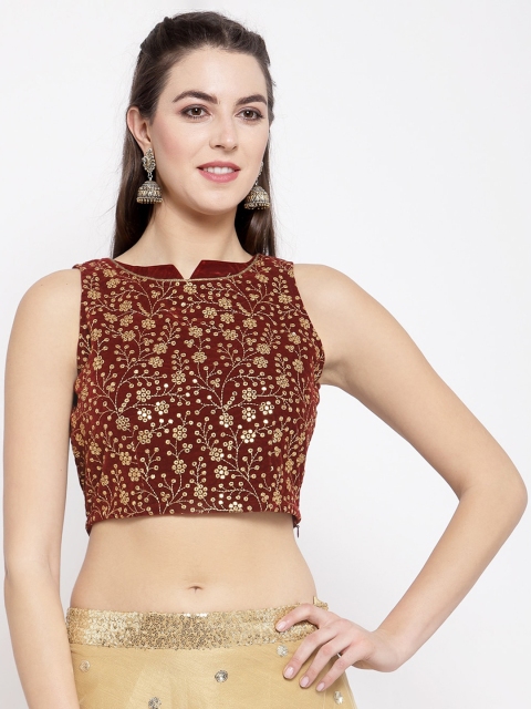

studio rasa Maroon Floral Embellished Velvet Crop Top