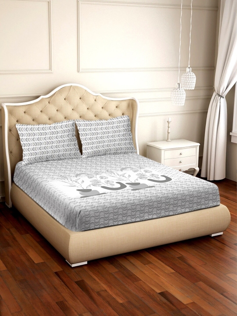 

BELLA CASA Grey & White Floral 300 TC Cotton 1 King Bedsheet with 2 Pillow Covers