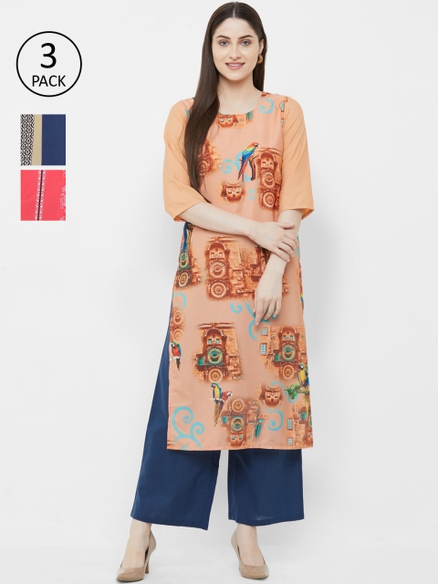 

7Threads Pack Of 3 Multicoloured Floral Colourblocked Crepe Kurta, Multi