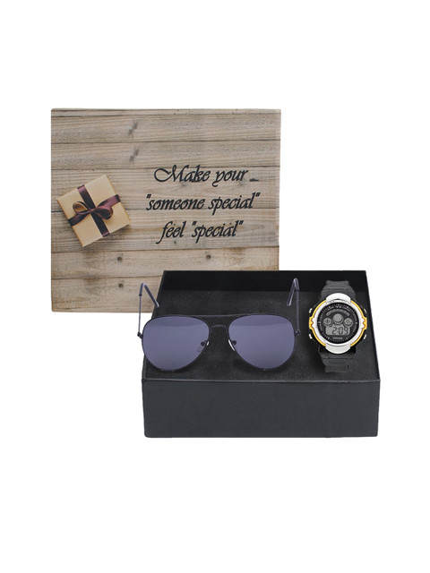 Fantasy World Unisex Kids Sunglasses & Watch Gift Set FWGiftset167-AVI_BKBK-YS02-YL01, Black