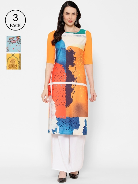 7Threads Pack of 3 Printed Crepe Straight Kurtas, Multi