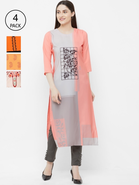 

7Threads Pack Of 4 Printed Crepe Round Neck Regular Sleeves Kurtas, Orange