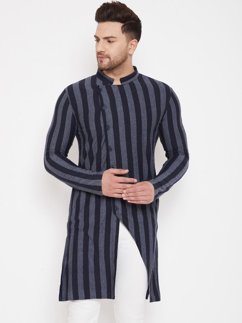 

Hypernation Men Navy Blue Striped Kurta