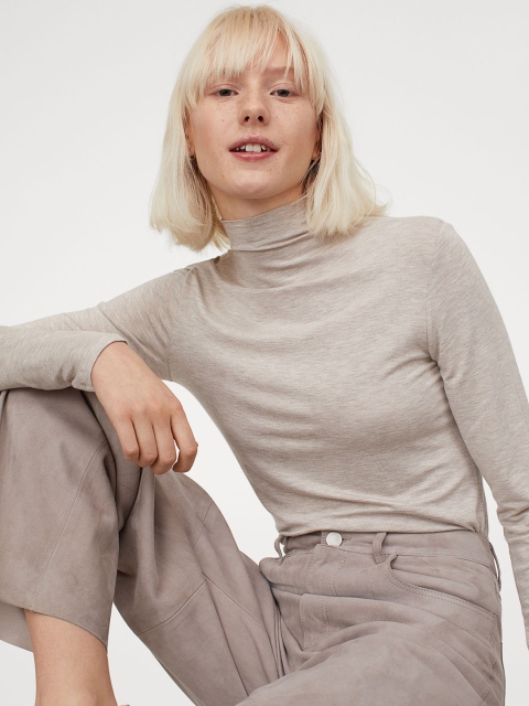 

H&M Women Beige Solid Turtleneck Top
