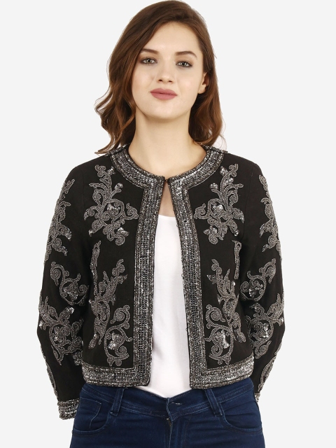 

Diwaah Women Black & Silver-Coloured Floral Embellished Cotton Tailored Jacket