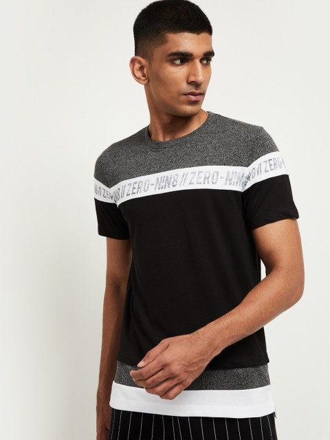 

max Men Black Printed Round Neck T-shirt