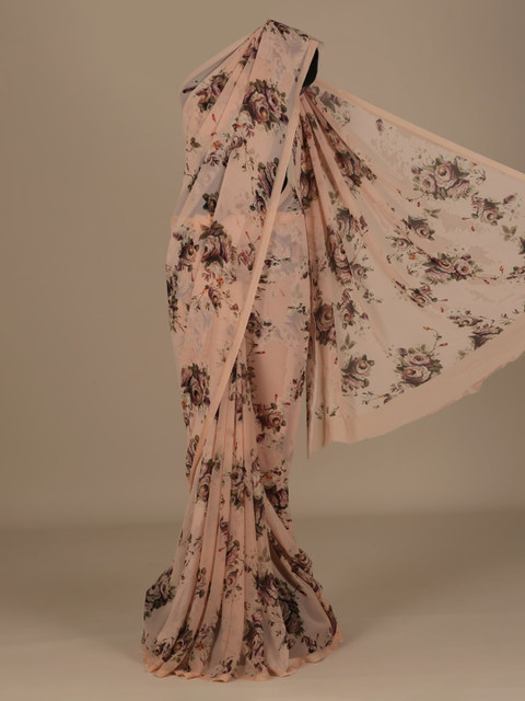 

Pothys Peach-Coloured & Green Poly Chiffon Floral Printed Saree