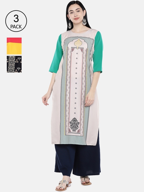 7Threads Pack of 3 Ethnic Motifs Printed Crepe Kurta, Multi