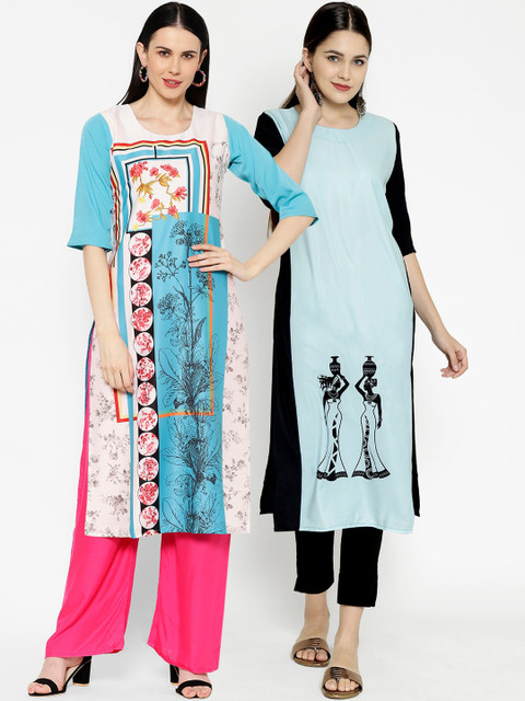 

7Threads Multicoloured Pack of 2 Quirky Printed Thread Work Crepe Kurta, Multi