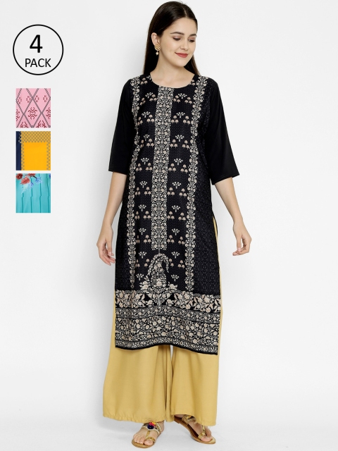 

7Threads Pack Of 4 Printed Crepe Round Neck Regular Sleeves Kurtas, Black