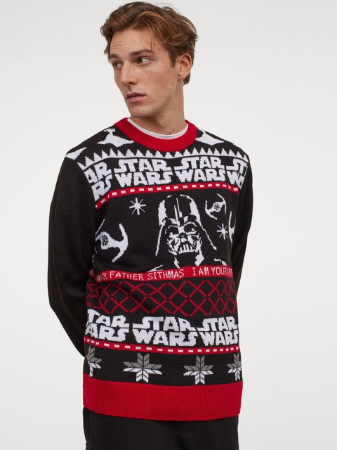 

H&M Men Black & Red Pattern-Knit Sustainable Jumper