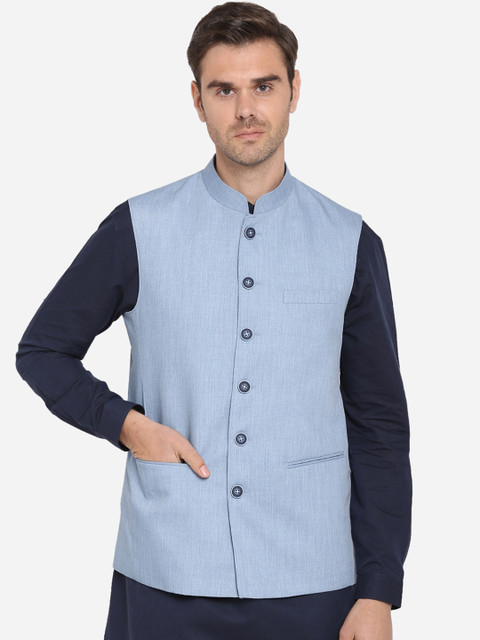 

MODI JACKET Men Blue Solid Woven Design Nehru Jacket