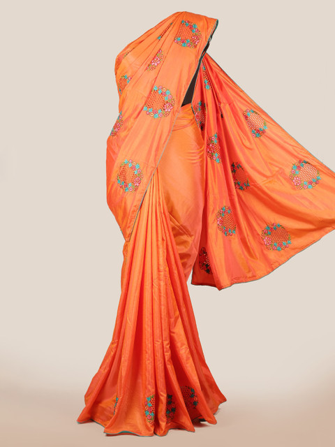 

Pothys Orange & Turquoise Blue Art Silk Floral Embroidered Saree