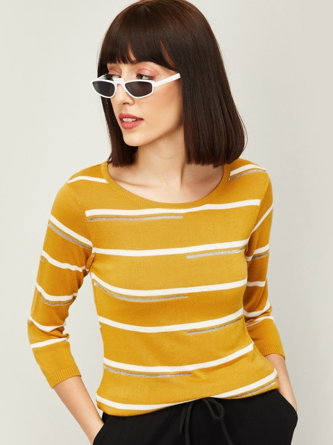 

Bossini Mustard Yellow & White Striped Round Neck Regular Sleeves Top
