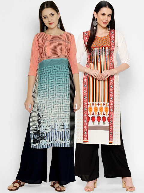 

7Threads Multicoloured Pack of 2 Geometric Printed Crepe Kurta, Multi