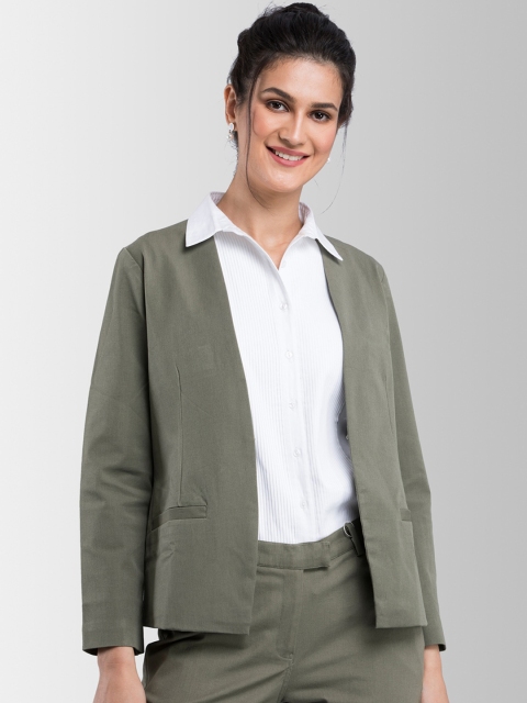 

FableStreet Women Olive Green Solid Asymmetric Closure Open Front Jacket