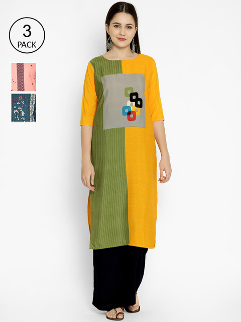

7Threads Women Pack Of 3 Multicoloured Printed Crepe Kurtas, Multi