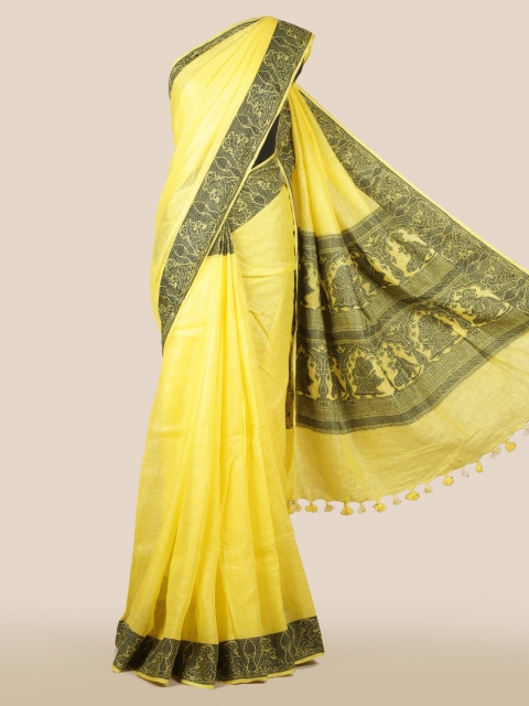 Pothys Yellow Solid Linen Blend Saree