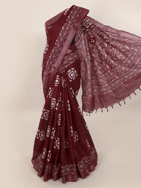 

Pothys Maroon & Off-White Linen Blend Printed Saree With Tasselled Pallu