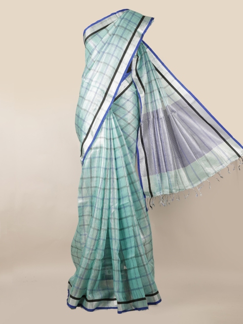 

Pothys Turquoise Blue & Silver-Toned Linen Blend Checked Saree