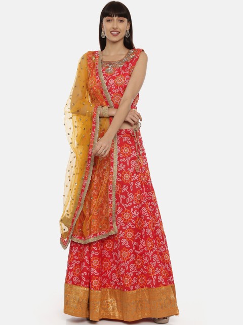 

Neerus Red & Yellow Embellished Ready to Wear Lehenga & Blouse with Dupatta