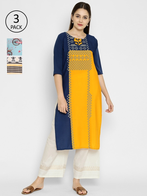 

7Threads Women Pack of 3 Printed Crepe Straight Kurta, Multi