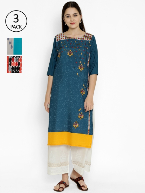 

7Threads Pack of 3 Crepe Straight Kurtas, Blue