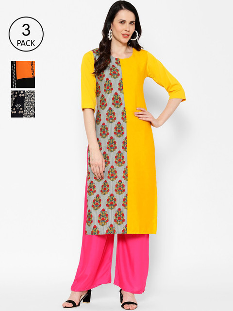 

7Threads Pack Of 3 Printed Crepe Kurta, Yellow