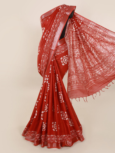 

Pothys Red Printed Linen Blend Saree