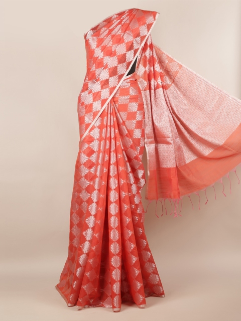 

Pothys Orange & Silver-Toned Cotton Blend Woven Design Saree