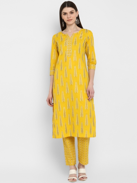 

Vbuyz Women Yellow & Off-White Foil Printed Kurta with Trousers