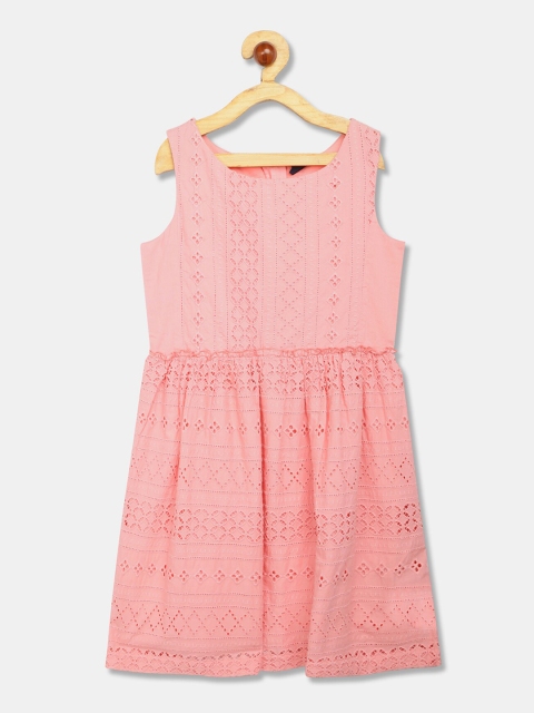 

GAP Girls Peach-Coloured Round Neck Patterned Eyelet Embroidered Dress