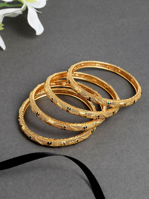 

Silvermerc Designs Set Of 4 Gold Plated Red & Green Handcrafted Meenakari Bangles