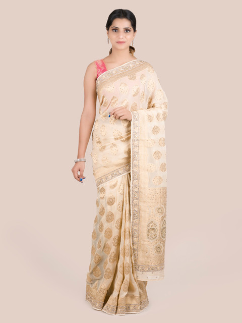 

Pothys Cream-Coloured Embellished Pure Georgette Saree
