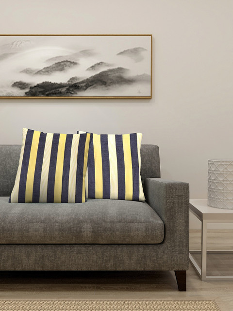 

NEUDIS Yellow & Navy Blue Set of 2 Striped Square Cushion Covers
