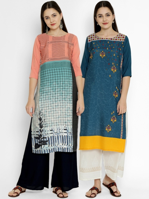 

7Threads Pack Of 2 Printed Crepe Boat Neck Regular Sleeves Kurtas, Navy blue