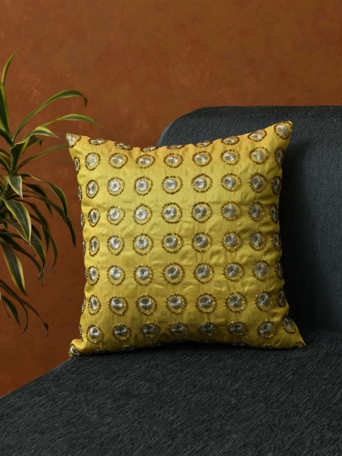 

AMOROSA Yellow & Gold-Toned Single Embroidered Square Cushion Covers
