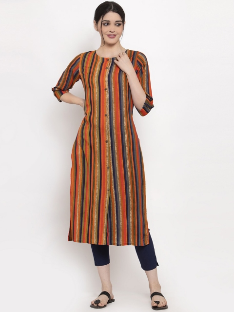 

ALC Creations Orange Striped Flared Sleeves Thread Work Kurta