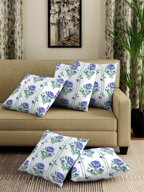 NEUDIS White & Green Set of 5 Floral Square Cushion Covers