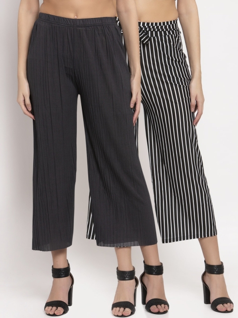 

KLOTTHE Women Pack Of 2 Black & White Striped Wide Leg Palazzos