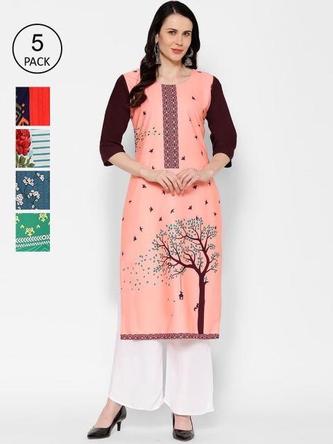

7Threads Pack of 5 Printed Crepe Straight Kurtas, Pink