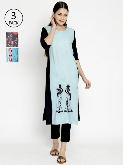 

7Threads Pack Of 3 Printed Crepe Round Neck Regular Sleeves Kurtas, Blue