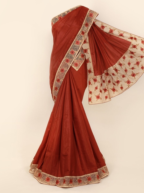 

Pothys Maroon & Beige Art Silk Solid Saree With Embroidered Border