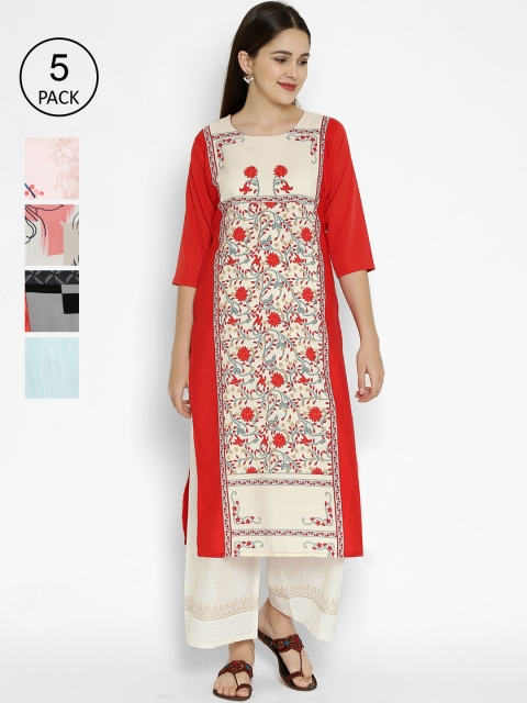 

7Threads Pack Of 5 Printed Crepe Round Neck Regular Sleeves Kurtas, Red