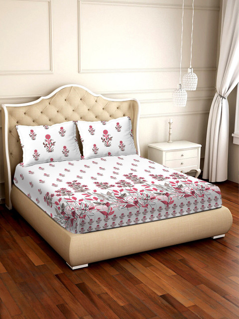 

BELLA CASA White & Pink Floral 300 TC Cotton 1 King Bedsheet with 2 Pillow Covers