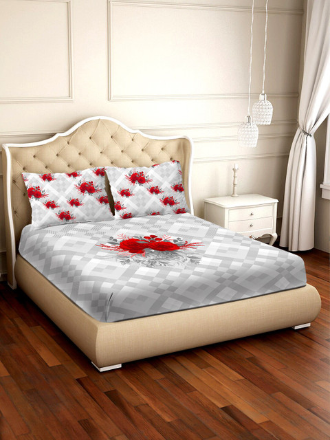 

BELLA CASA Grey & Red Floral 300 TC Cotton 1 King Bedsheet with 2 Pillow Covers