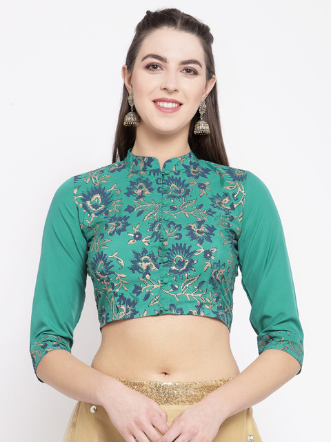 

studio rasa Women Green Floral Printed Mandarin Collar Crepe Crop Top