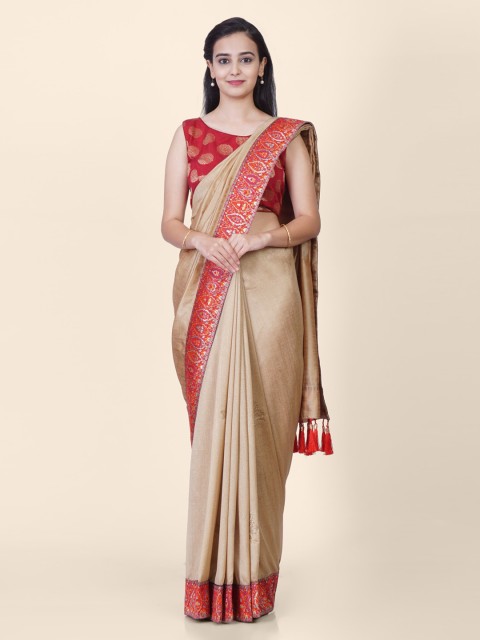 

Hastakala Beige & Red Pashmina Woven Design Handloom Jamdani Saree