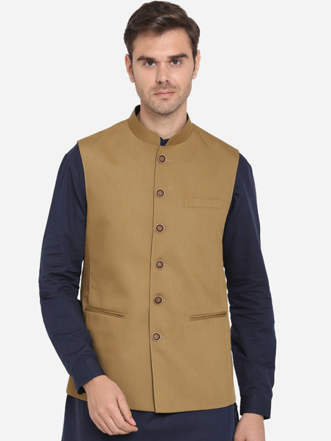 

MODI JACKET Men Khaki-Coloured Solid Woven Nehru Jacket
